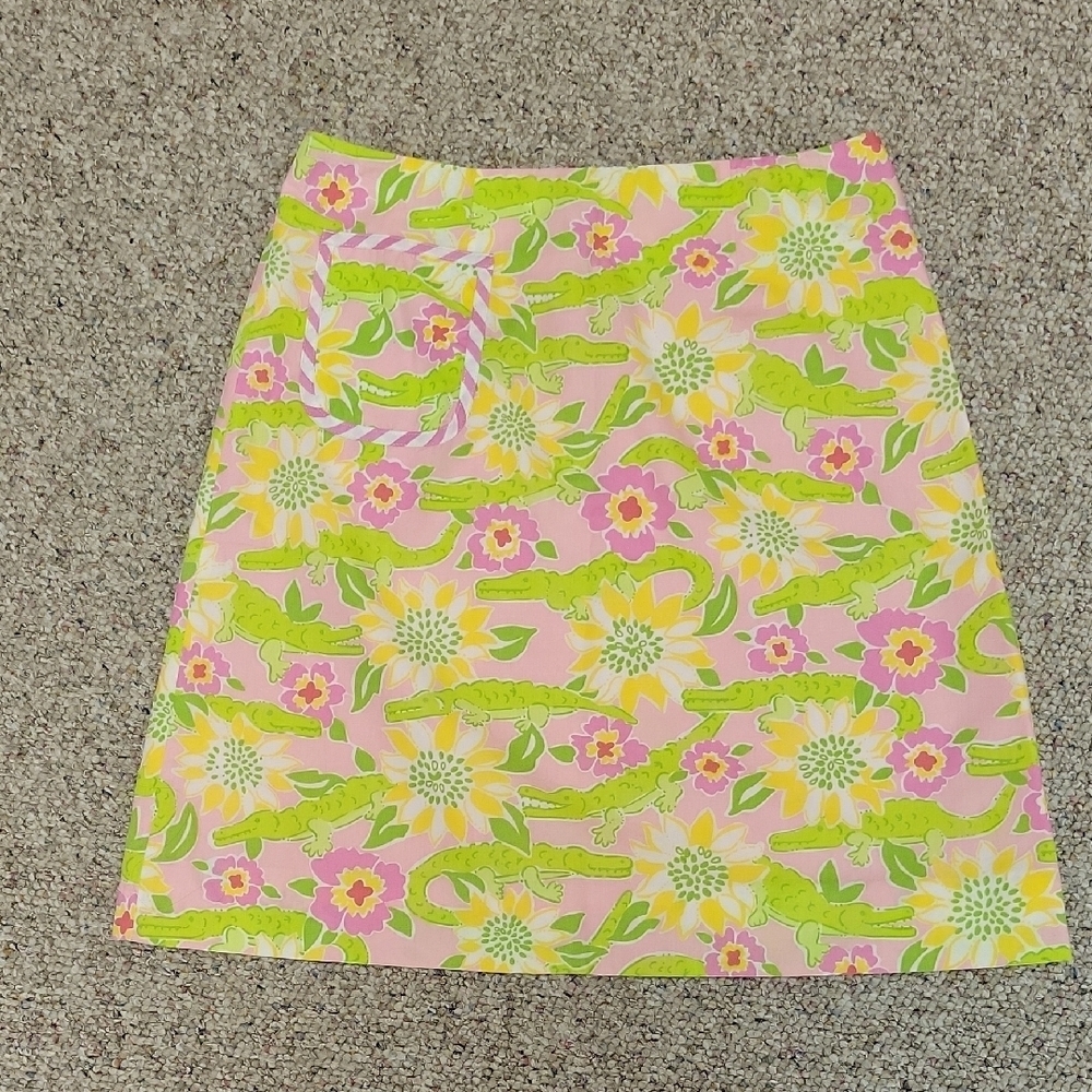 Lilly Pulitzer Pink Green Cotton Alligator Print Skirt. Sz 0 coastal beach color